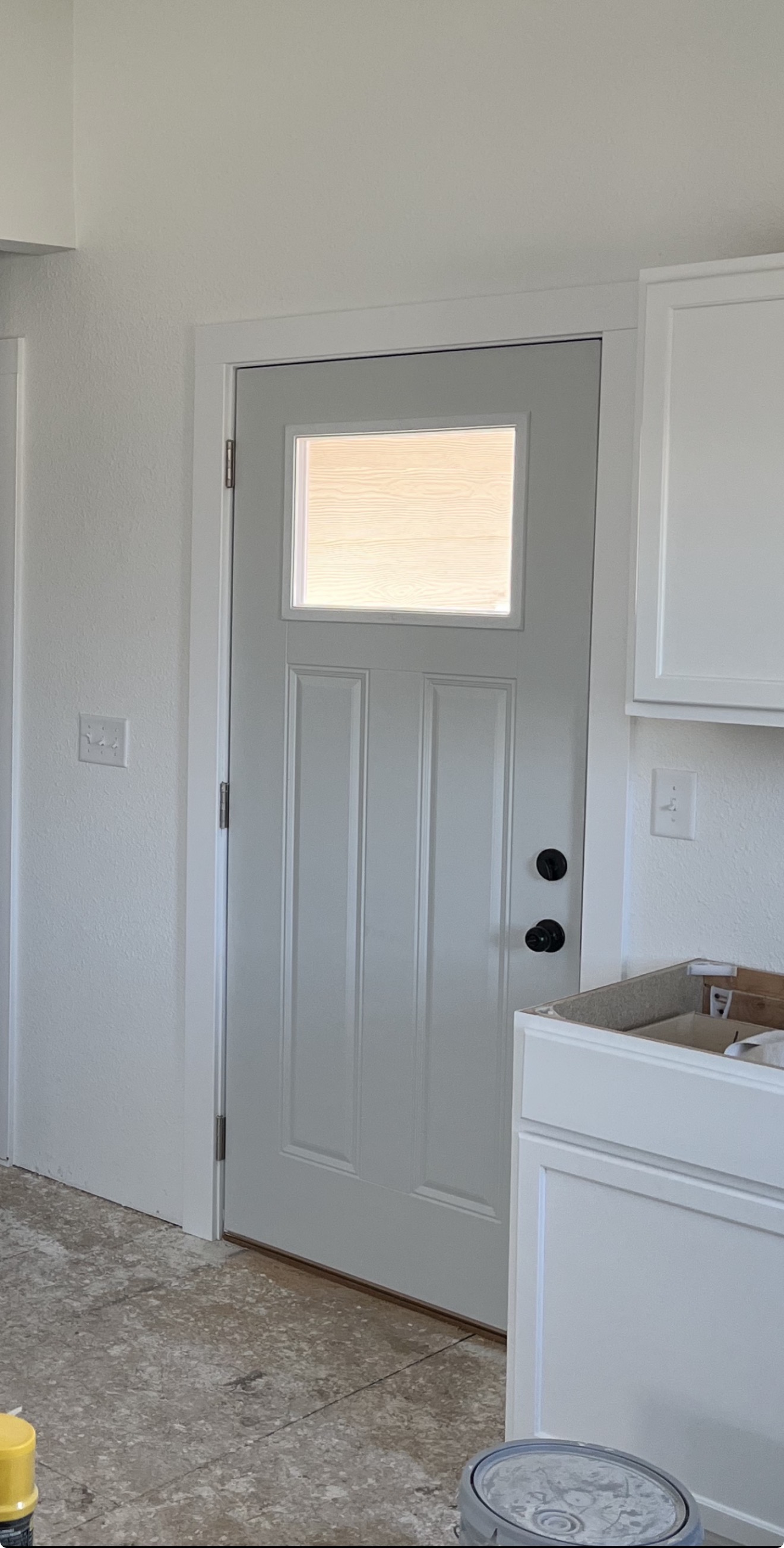A light green-gray exterior door with a top window and matte black hardware, framed by white trim against white walls.